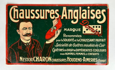 PUBLICITE Chaussures anglaises - Marque DOMINO. Renommées pour la solidité et le chaussant parfait. Spécialité de Guêtres moulées en Cuir. Guêtres  en drap de différentes couleurs pour Hommes, Femmes et Enfants. Nestor Charon chaussures. Houdeng-Aimeries (Hainaut)