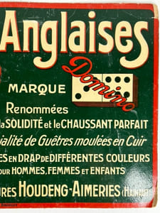PUBLICITE Chaussures anglaises - Marque DOMINO. Renommées pour la solidité et le chaussant parfait. Spécialité de Guêtres moulées en Cuir. Guêtres  en drap de différentes couleurs pour Hommes, Femmes et Enfants. Nestor Charon chaussures. Houdeng-Aimeries (Hainaut)