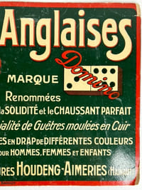PUBLICITE Chaussures anglaises - Marque DOMINO. Renommées pour la solidité et le chaussant parfait. Spécialité de Guêtres moulées en Cuir. Guêtres en drap de différentes couleurs pour Hommes, Femmes et Enfants. Nestor Charon chaussures. Houdeng-Aimeries (Hainaut)