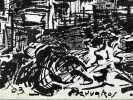 Dessin original "La maison de Don Quichotte" à l'encre noire, datée et signée en bas à gauche, titrée au crayon au dos. . Alkis PIERRAKOS (1920-2017)