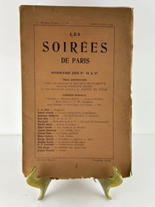 Les Soirées de Paris Juillet - Août 1914 - Numéro 26 & 27. SOMMAIRE : Treize reproductions d'après les peintures de MAURICE DE VLAMNICK, celles de FERNAND LEGER et les caricatures récentes de AMRIUS DE ZAYAS. Chronique mensuelle : Fantômas - Maurice Raynal - Jacques Dyssord - Roch Grey - O. W. Gambedoo - Jean Cérusse - Guillaume Apollinaire etc. F.S. Flint : Imagistes. Gabriel Arbouin : Devant l'Idéogramme d'Apollinaire. Guillaume Apollinaire : IDEOGRAMMES LYRIQUES. Roch Grey : P.R.R.D.V. Max Jacob : Ecrit pour la S.A.F. - Concours du Conservatoire. Mireille Havet: Proses et poèmes. Albert Savinio : Les chants de la Mi-Mort. Léopold Sturzwage : Le rythme coloré. Léonard Pieux : Soliloques gaillards. Blaise Cendrars : Trois Poèmes. Georges Rouault : L'Artiste - Miserere - Mère. Maurice Raynal : Le Boxeur et son ombre. G.P. Fauconnet : Conversation recueillie. Alan Seeger : Le Baseball aux Etats-Unis. Jacques Dyssord : Poème.