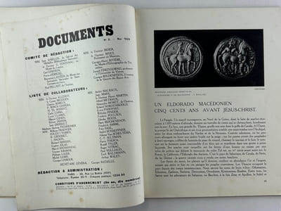 Documents. Numéro 2. Doctrines, archéologie, beaux-arts, ethnographie. Mai 1929. Jean BABELON. Un Eldorado macédonien, cinq siècles avant Jésus-Christ. - Georges BATAILLE. L'Apocalypse de Saint-Sever, manuscrit du XIe siècle. - Jean-Baptiste COROT (1796-1875) : compositions classiques. Carl EINSTEIN. André Masson : étude ethnologique. Michel LEIRIS. A propos du "Musée des sorciers". - Dictionnaire critique : Rossignol, Architecture. - André SCHAEFFNER. Marcel Delannoy : Le Fou de la Dame.