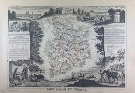 CARTE HISTORIEE - DEPARTEMENT DE L'ILLE ET VILAINE. Carte ancienne (45x32cm) sur acier de l'ATLAS NATIONAL ILLUSTRÉ de Victor LEVASSEUR. 1856. Coloris ...