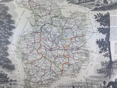CARTE HISTORIEE - DEPARTEMENT DE L'ILLE ET VILAINE. Carte ancienne (45x32cm) sur acier de l'ATLAS NATIONAL ILLUSTRÉ de Victor LEVASSEUR. 1856. Coloris ...