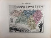 Carte historiée en couleurs du département des BASSES-PYRENNEES Extraite de l'Atlas - La France et ses colonies - par Vuillemin, d'après les cartes de Cassini, du Dépôt de la Guerre, des Ponts et Chaussées et de la Marine. Edition de 1879. par VUILLEMIN / MIGEON - Image 1