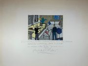 (Estampe moderne - Modern print)  Leo Castelli a Roy Lichtenstein stojící p e obrazem „Interiér s platikou Yvese Kleina“, 1992dvacetibarevn  linoryt / Leo Castelli and Roy Lichtenstein standing in front of the painting "Interior with a Plaque by Yves Klein", 1992twenty-color linocut /  Leo Castelli et Roy Lichtenstein devant le tableau « Intérieur avec une plaque d'Yves Klein », 1992 Linogravure en vingt couleurs par Michal Cihlá  (1960-) - Image 1