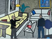 (Estampe moderne - Modern print)  Leo Castelli a Roy Lichtenstein stojící p e obrazem „Interiér s platikou Yvese Kleina“, 1992dvacetibarevn  linoryt / Leo Castelli and Roy Lichtenstein standing in front of the painting "Interior with a Plaque by Yves Klein", 1992twenty-color linocut /  Leo Castelli et Roy Lichtenstein devant le tableau « Intérieur avec une plaque d'Yves Klein », 1992 Linogravure en vingt couleurs par Michal Cihlá  (1960-) - Image 2
