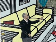 (Estampe moderne - Modern print)  Leo Castelli a Roy Lichtenstein stojící p e obrazem „Interiér s platikou Yvese Kleina“, 1992dvacetibarevn  linoryt / Leo Castelli and Roy Lichtenstein standing in front of the painting "Interior with a Plaque by Yves Klein", 1992twenty-color linocut /  Leo Castelli et Roy Lichtenstein devant le tableau « Intérieur avec une plaque d'Yves Klein », 1992 Linogravure en vingt couleurs par Michal Cihlá  (1960-) - Image 3