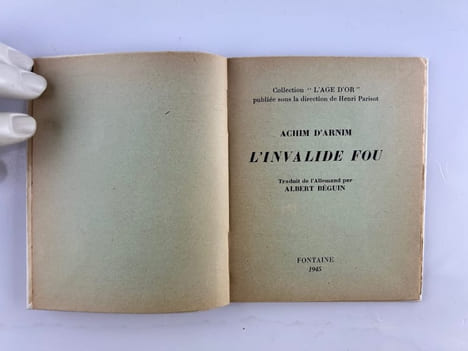 L'Invalide fou. Un des 25 ex. hors commerce sur papier vert. Achim D'ARNIM. Traduction de Albert Béguin.