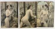 (Erotisme)  S&eacute;rie ancienne de 6 cartes &eacute;rotiques coloris&eacute;es. D&eacute;but XXe.. 