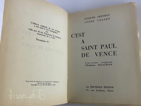 C'est à Saint Paul de Vence. Jacques PREVERT - André VERDET. Couverture originale d'Emilienne Delacroix.