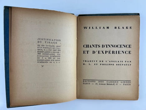 Chants d'innocence et d'expérience. Traduit de l'anglais par M.L. et Philippe Soupault. . William BLAKE