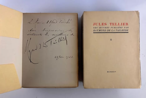 JULES TELLIER. Ses oeuvres publiées par Raymond de la Tailhède. En 2 volumes. Envoi de R. de la Tailhède à Alfred Porché.. Jules TELLIER (1863-1889)