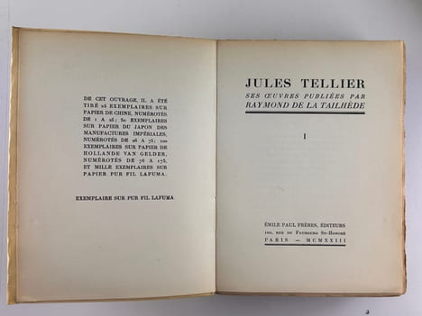 JULES TELLIER. Ses oeuvres publiées par Raymond de la Tailhède. En 2 volumes. Envoi de R. de la Tailhède à Alfred Porché.. Jules TELLIER (1863-1889)