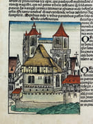 (INCUNABLE) Liber chronicarum / La Chronique de Nuremberg : Nuremberg Chronicle. 1493. CCXIX Feuille imprimée recto-verso. Portraits de Boniface VIII (de son nom Benedetto Caetani), de Benoit XI (1240-1303) et Louis (1274 -1297), franciscain, évêque de Toulouse (fils de Charles II & Marie de Hongrie). Au verso gravure de l'Abbaye du Mont Cassin et portrait du comte Adolphe de Nassau (1250-1298). par Hartmann Schedel (1440-1540), Anton Koberger (impression)  Michael Wohlgemuth, Willem Pleydenwurff, Albrecht Durer (illustrations) - Image 2
