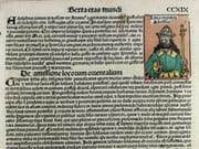 (INCUNABLE) Liber chronicarum / La Chronique de Nuremberg : Nuremberg Chronicle. 1493. CCXIX Feuille imprimée recto-verso. Portraits de Boniface VIII (de son nom Benedetto Caetani), de Benoit XI (1240-1303) et Louis (1274 -1297), franciscain, évêque de Toulouse (fils de Charles II & Marie de Hongrie). Au verso gravure de l'Abbaye du Mont Cassin et portrait du comte Adolphe de Nassau (1250-1298). par Hartmann Schedel (1440-1540), Anton Koberger (impression)  Michael Wohlgemuth, Willem Pleydenwurff, Albrecht Durer (illustrations) - Image 3