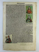 (INCUNABLE) Liber chronicarum / La Chronique de Nuremberg : Nuremberg Chronicle. 1493. CCXIX Feuille imprimée recto-verso. Portraits de Boniface VIII (de son nom Benedetto Caetani), de Benoit XI (1240-1303) et Louis (1274 -1297), franciscain, évêque de Toulouse (fils de Charles II & Marie de Hongrie). Au verso gravure de l'Abbaye du Mont Cassin et portrait du comte Adolphe de Nassau (1250-1298). par Hartmann Schedel (1440-1540), Anton Koberger (impression)  Michael Wohlgemuth, Willem Pleydenwurff, Albrecht Durer (illustrations) - Image 4
