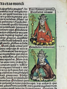 (INCUNABLE) Liber chronicarum / La Chronique de Nuremberg : Nuremberg Chronicle. 1493. CCXIX Feuille imprimée recto-verso. Portraits de Boniface VIII (de son nom Benedetto Caetani), de Benoit XI (1240-1303) et Louis (1274 -1297), franciscain, évêque de Toulouse (fils de Charles II & Marie de Hongrie). Au verso gravure de l'Abbaye du Mont Cassin et portrait du comte Adolphe de Nassau (1250-1298). par Hartmann Schedel (1440-1540), Anton Koberger (impression)  Michael Wohlgemuth, Willem Pleydenwurff, Albrecht Durer (illustrations) - Image 5