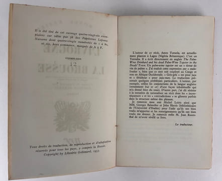 L'ivrogne dans la brousse (The Palm-Wine Drinkard). Traduit de l'anglais par Raymond Queneau. Tirage de tête. . Amos TUTUOLA