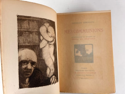 MES COMMUNIONS (nouvelles) Eaux-fortes et dessins de Frans de Geetere. Titres des nouvelles : L'HONNEUR DE LUTTÉRATH - LA PETITE SERVANTE - CLIMATÉRIE - LE COQ ROUGE - LA TENTATION DE MINERVE  DES ANGLIERS  - TANTE MARIE - BURCH MITSU -  UNE PARTIE SUR L'EAU  - CHARDONNERETTE  - LA DERNIÈRE LETTRE DU MATELOT - APPOL ET BROUSCARD - UNE MAUVAISE RENCONTRE - LE SUBLIME ESCARPE - LE STRYGE. 