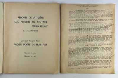 Réponse de la poésie aux auteurs de l'Affaire Minou Drouet. Le mal du XXe siècle. Par Louis-François Brion ancien poète de huit ans. Réponse en prose. Réponse en vers.