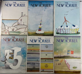 A collection of 23 vintages issues of The New Yorker Magazine with covers designed by Saul Steinberg from 1964 to 1974.