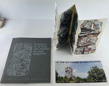Réunion de 5 catalogues autour de JEAN DUBUFFET. 1) Jean Dubuffet, catalogue des peintures faites à Vence du 1er avril au 31 août 1957, Paul Facchetti, éditeur. 24 reproductions nb. EO 2) La donation Dubuffet au Musée des Arts Décoratifs. Palais du Louvre - Pavillon de Marsan, 1967, 117p. Repr. nb. 3)  Jean Dubuffet des Psycho-sites, Galerie Jeanne Bucher, 9 nov.- 20 déc. 1982. Reproductions couleur. 4) A propos de la Tour aux Figures de Jean Dubuffet. Musée Municipal d'Issy-les-Moulineaux 23 octobre - 31 décembre 1988, 40p. Complet du carton d'invitation. 5) Legs Isalmina Dubuffet, Fondation Dubuffet, exposition à partir du 26 novembre 2004. Liste des 122 oeuvres exposées. Commissaire : Sophie Webel. 16p.