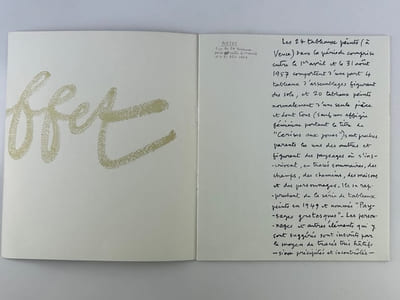 Réunion de 5 catalogues autour de JEAN DUBUFFET. 1) Jean Dubuffet, catalogue des peintures faites à Vence du 1er avril au 31 août 1957, Paul Facchetti, éditeur. 24 reproductions nb. EO 2) La donation Dubuffet au Musée des Arts Décoratifs. Palais du Louvre - Pavillon de Marsan, 1967, 117p. Repr. nb. 3)  Jean Dubuffet des Psycho-sites, Galerie Jeanne Bucher, 9 nov.- 20 déc. 1982. Reproductions couleur. 4) A propos de la Tour aux Figures de Jean Dubuffet. Musée Municipal d'Issy-les-Moulineaux 23 octobre - 31 décembre 1988, 40p. Complet du carton d'invitation. 5) Legs Isalmina Dubuffet, Fondation Dubuffet, exposition à partir du 26 novembre 2004. Liste des 122 oeuvres exposées. Commissaire : Sophie Webel. 16p.