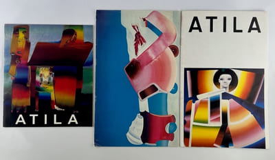 3 publications / catalogues : 1) R.A. Augustini présente ATILA Oeuvres récentes, mai-juin 1971, Galerie Rive Gauche. Texte Atila en chute libre, par Jean-Jacques Lévêque. 16p., 6 repr. nb, 2 coul. Sous enveloppe adressée par l'artiste au critique d'art Jean-Dominique Rey. 2) ATILA superbe et menaçant. Texte Alain Bosquet.sd, 1975,  8p., 7 repr. coul. 3) ATILA, texte Serge Nikitine, sd, 1980, 12p. 27 reproductions coul.