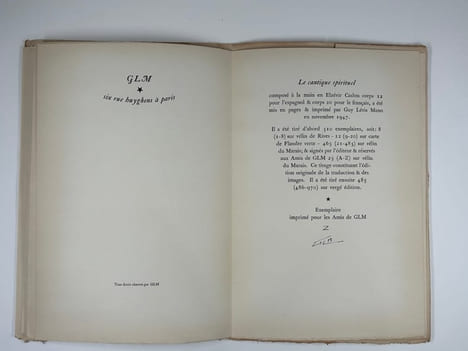 CANTIQUE SPIRITUEL. Texte du manuscrit de Jaen. Version française par Guy Lévis Mano & neuf images par Raymond Gid & typographie par GLM. Un des 25 ...