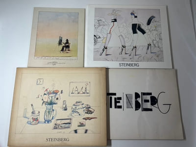 Combination of 4 catalogues : Exhibition Drawings by Saul Steinberg Opening Wednesday 4 - 7, November 5 - 29, 1969. Sydney Janis Gallery New-York 1969,  20 illustrations / Saul Steinberg, Still life and architecture: April 3-May 1, 1982 Pace Gallery, 39 illustrations / SAUL STEINBERG DOCUMENTS, Arts Council of Great Britain 1979, softcover, 24p. 18 illustrations / Texte by  Adam Gopnik , Saul Steinberg: Recent Work. The Pace Gallery. October 31 - 28 November, 1987