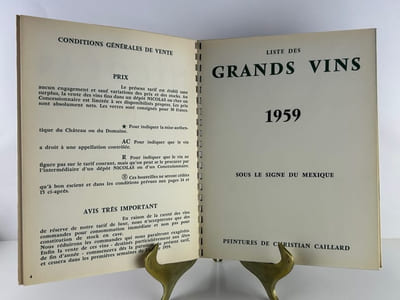 ETABLISSEMENTS NICOLAS. Liste des grands vins fins 1959 Sous le signe du Mexique.