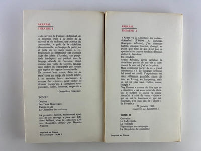 Théâtre 1 & 2 Oraisons/ Les deux bourreaux/ Fando et Lis/ Le Cimetière des voitures - Guernica/ Le labyrinthe/ le Tricycle / Pique-nique en campagne/ La bicyclette du condamné