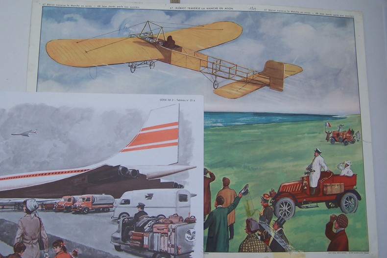 AFFICHE SCOLAIRE: CONCORDE, Editions M.D.I. 1970. Format 62x51 cm. Blériot traverse la Manche en avion, Montmorillon, Editions Rossignol Format 74x56 ...