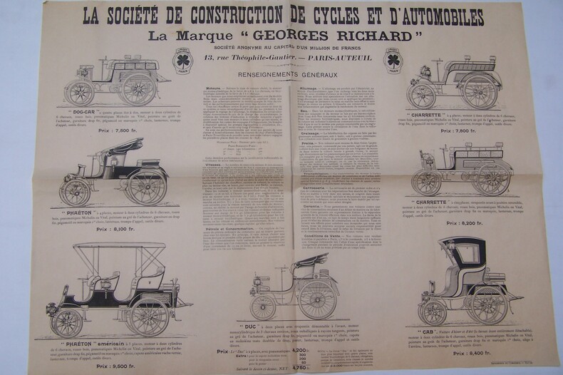 La Société de construction de cycles et d'automobiles La Marque "GEORGES RICHARD" 13 Rue Théophile-Gautier, Paris-Auteuil. Vers 1899.. 
