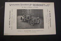 Voiturette Tandem Fd ROBINET,(1906) A. ROYE Représentant, 29 Rue Le Peletier, à Paris. Usine à Nantes.