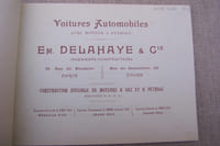 Voitures Automobiles avec moteur à pétrole Em. DELAHAYE & Cie Ingénieurs-Constructeurs, Paris Tours. 1899. Catalogue 21x16 cm, récompenses (2 pages), description générale (3 pages), 22 modèles de voitures (dont moteur à pétrole sur chariot, omnibus, voiture de livraison), broché, cordelière.
