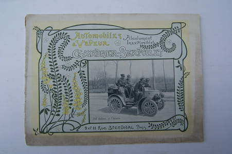 Automobiles à Vapeur, chauffées au pétrole lampant, Absolument Inexplosibles GARDNER-SERPOLLET. 9 et 11 Rue Stendhal, Paris. 1901.