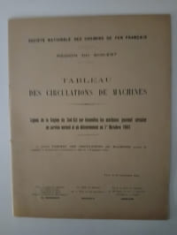 Tableau des circulations de machines. Lignes de la Région du Sud-Est sur lesquelles les machines peuvent circuler en service normal et en détournement au 1er Octobre 1941.
Annexe: Lignes sur lesquelles les machines des autres Régions peuvent circuler en service normal et en détournement au 1er Février 1941.