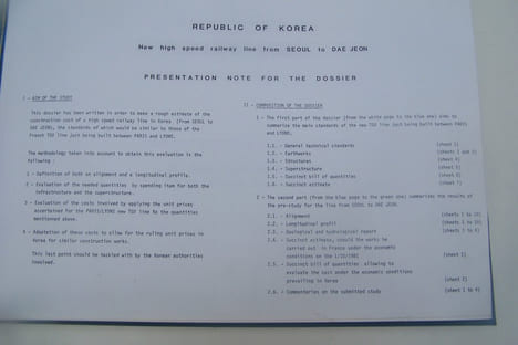 REPUBLIC OF KOREA: New railway line from Seoul to Dae Jeon. Application of the technical standards applied on the TGV line (fromParis to Lyons).. ...