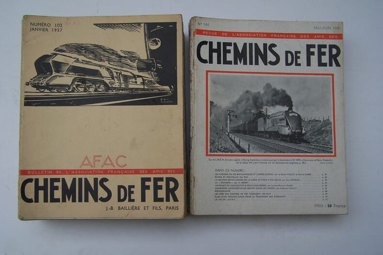 REVUES FERROVIAIRES: AFAC Bulletin de l'Association Française des Amis des Chemins de Fer: N° 102 (Janvier1937) à 131 (Juillet 1939), 133 à 163 (Juillet-Août 1950), 167 à 178, 180 (Mai-Juin 1953), 74 revues.
RGCF, Revue Générale des Chemins de Fer: Année 1933 complète, Année 1934 complète. Année 1936: Mars à Novembre. 33 revues.
