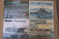 WARSHIPS: squadron/signal publications: Number N° 3 (1980), 4 U.S. BATTLESHIPS, 5 U.S. Aurcraft Carriers Part 1, 8 FLETCHER DDS, 9 Escort Carriers, 10 ESSEX CLASS CARRIERS, 11 DESTROYER ESCORTS, Number 12 (1999) U.S. Light Cruisers.