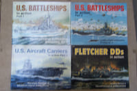 WARSHIPS: squadron/signal publications: Number N° 3 (1980), 4 U.S. BATTLESHIPS, 5 U.S. Aurcraft Carriers Part 1, 8 FLETCHER DDS, 9 Escort Carriers, 10 ESSEX CLASS CARRIERS, 11 DESTROYER ESCORTS, Number 12 (1999) U.S. Light Cruisers.