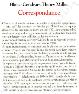 Blaise Cendrars - Henry Miller - Correspondance 1934-1979 : 45 ans d'amitié. Cendrars Blaise Miller Henri Cendrars Miriam