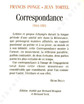 Francis Ponge Jean Tortel Correspondance 1944-1981. . Ponge Francis - Tortel Jean