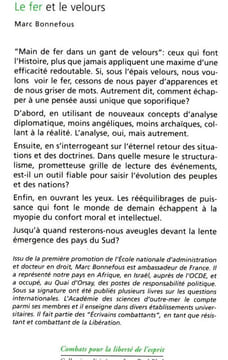 le fer et le velours Essai sur la violence et la diplomatie. Bonnefous Marc ( Ambassadeur de France )