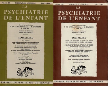 La Psychiatrie de l'Enfant - Les syndromes psycho-organiques de l'enfant et de l'adolescent - La clinique psychosomatique de l'enfant . A propos des troubles fonctionnels du nourrisson - Les adolescents très difficiles - La dysphasie chez l'enfant - Enfants et adolescents arrières dans le Canton de Genève - L'éducateur spécialisé en psychiatrie infantile.