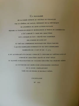 PROGRAMME de la SOIRÉE OFFERTE AU Théatre LOUIS XV par le Général de Gaulle en l'Honneur de Leurs ALTESSES ROYALES Madame LA GRANDE DUCHESSE & ...