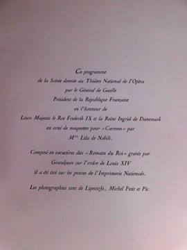 Programme de la Soirée donnée au théâtre National de l'Opéra par Le Général De Gaulle Président de La République en l'honneur de Leurs Majestés Le Roi ...