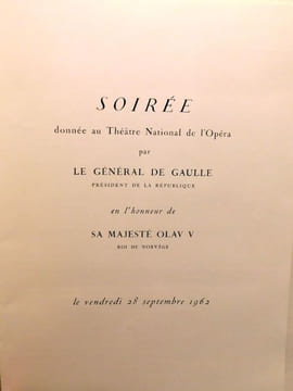 Programme de la Soirée donnée au théâtre National de l'Opéra par Le Général De Gaulle Président de La République en l'honneur de Sa Majesté Olav V ...